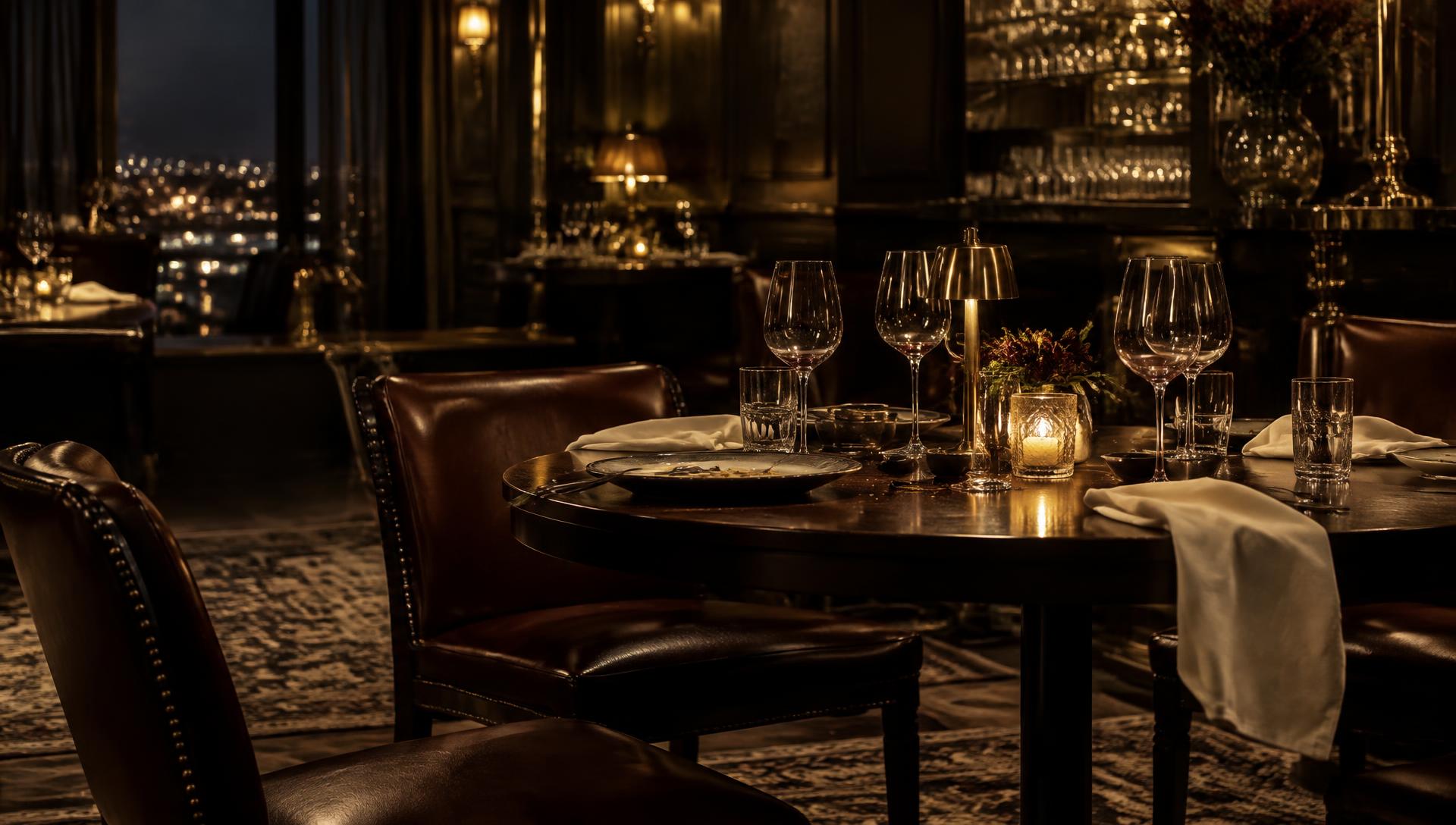 A candlelit dinner table moments after the guests have left